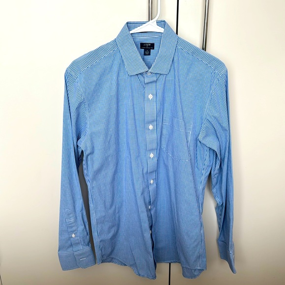 J Crew Men’s Dress Shirt in Blue Gingham Check.  Slim fit, stretch wrinkle free - Picture 1 of 5